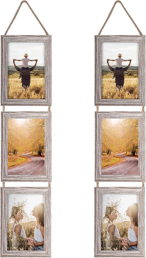 Lavezee 4x6 Collage Hanging Triple Picture Frames Set, Rustic 6 Opening Vertical Frame Made to Display 4 by 6 Inch Photo Postcard for Wall Decor