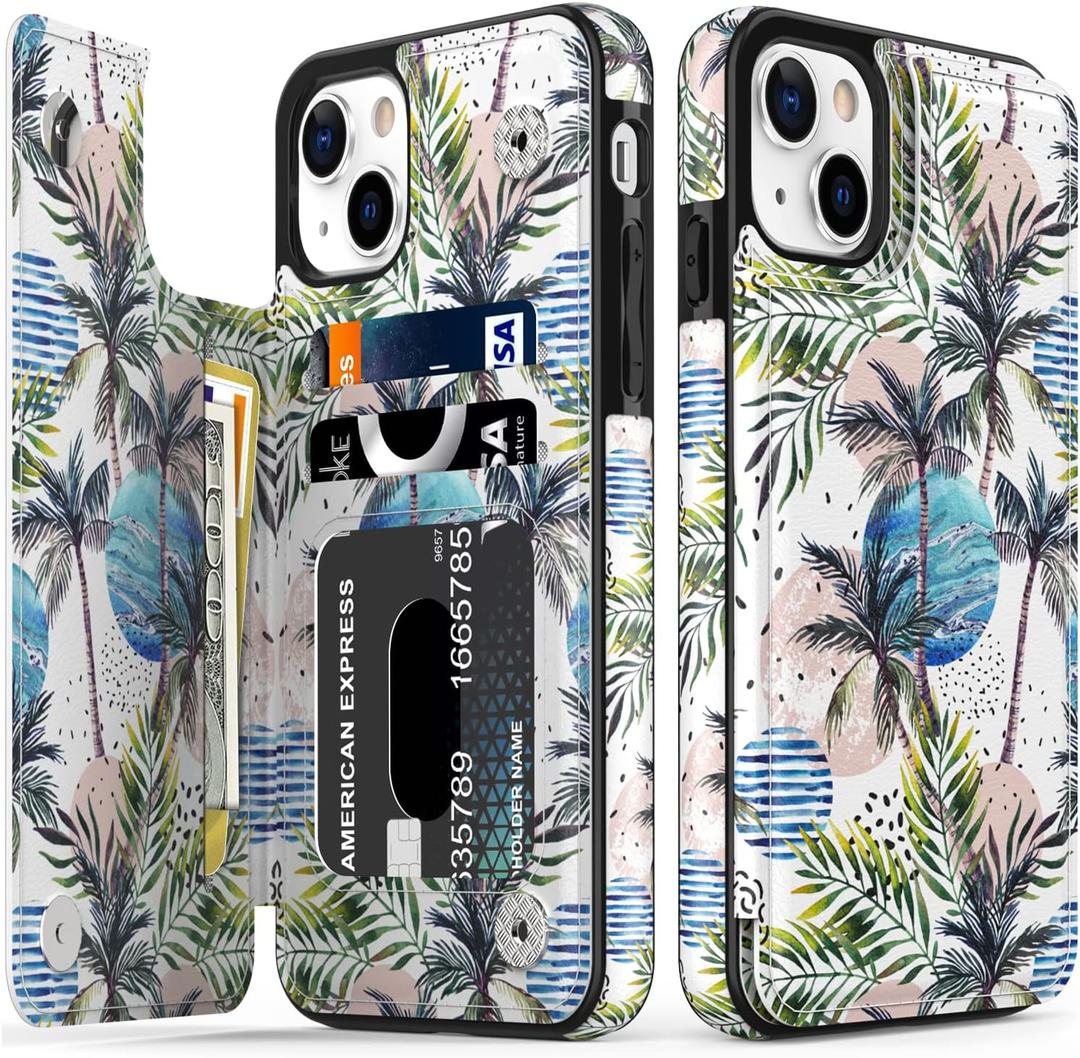 LETO for iPhone 13 Mini Case,Luxury Flip Folio Leather Wallet Cover with Fashion Designs for Girls Women,Built-in Card Slots Kickstand Protective Shell Coconut Trees