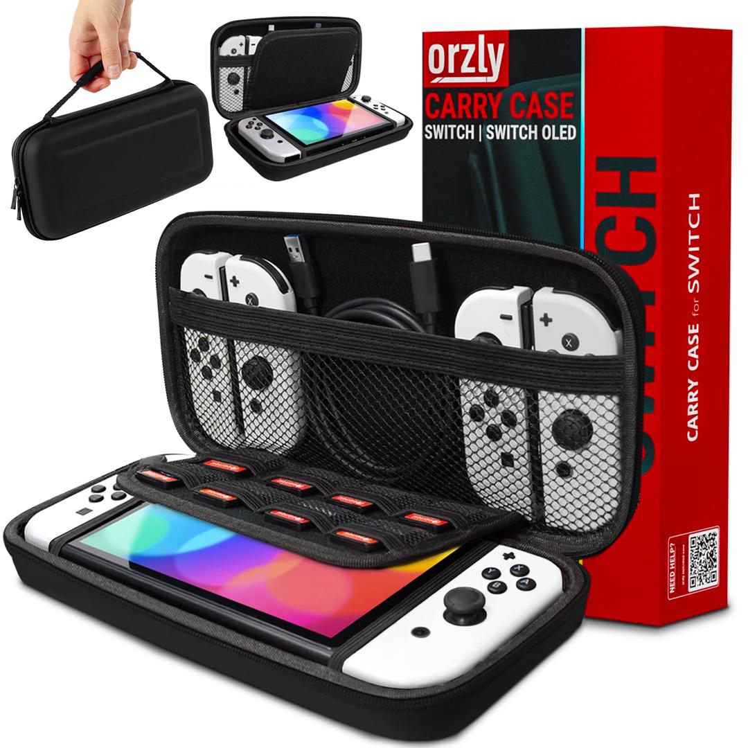 Orzly Carry Case Compatible with Nintendo Switch and New Switch OLED Console - Black Protective Hard Portable Travel Carry Case Shell Pouch with Pockets for Accessories and Games (6.2" Switch 1)