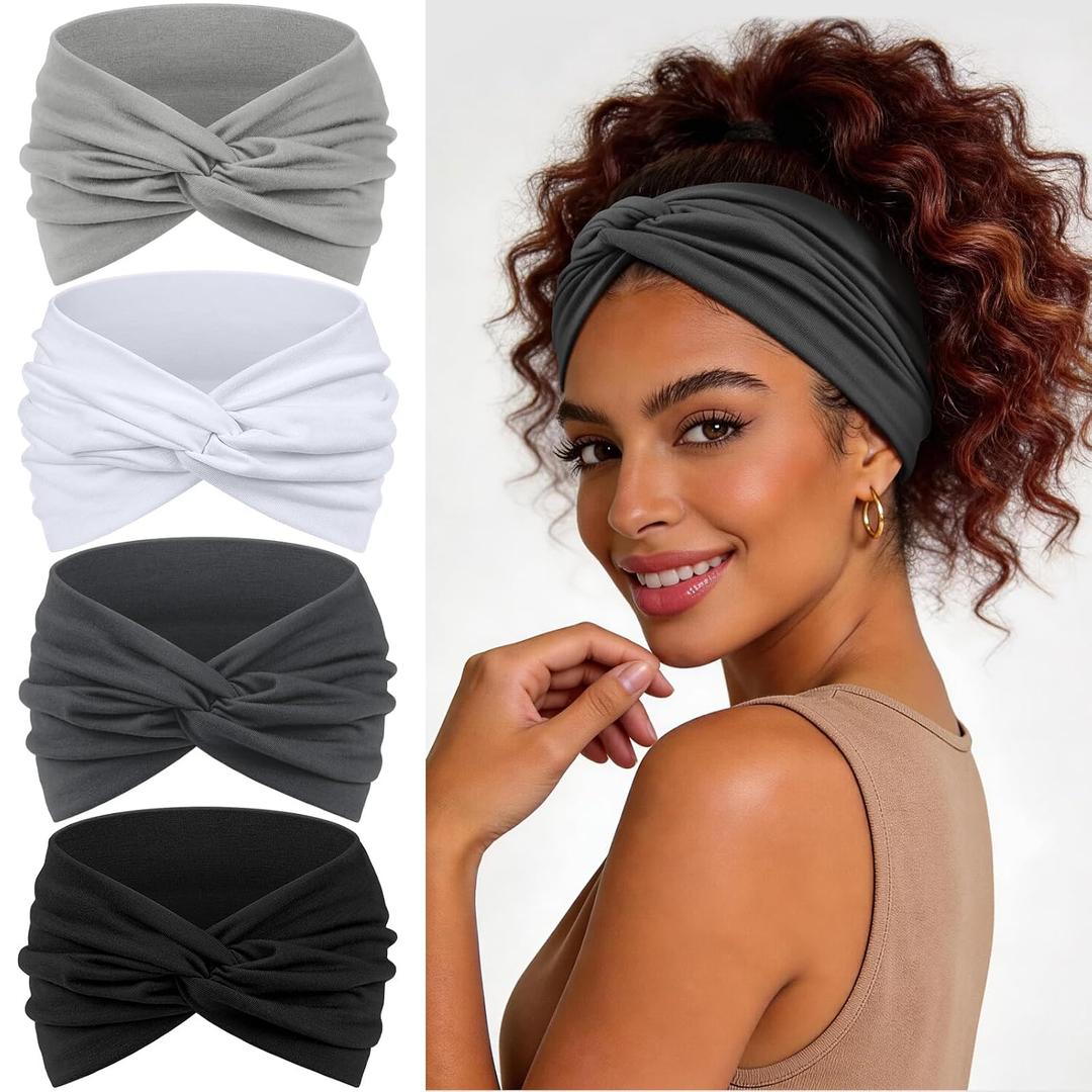 Wide Headbands for Women's Hair, 4 Pcs Hair bands Vintage Turban Elastic Head Bands Adult Women Soft Head Wraps Knotted for Yoga & Workout Summer Fashion Hair Accessories (gray)