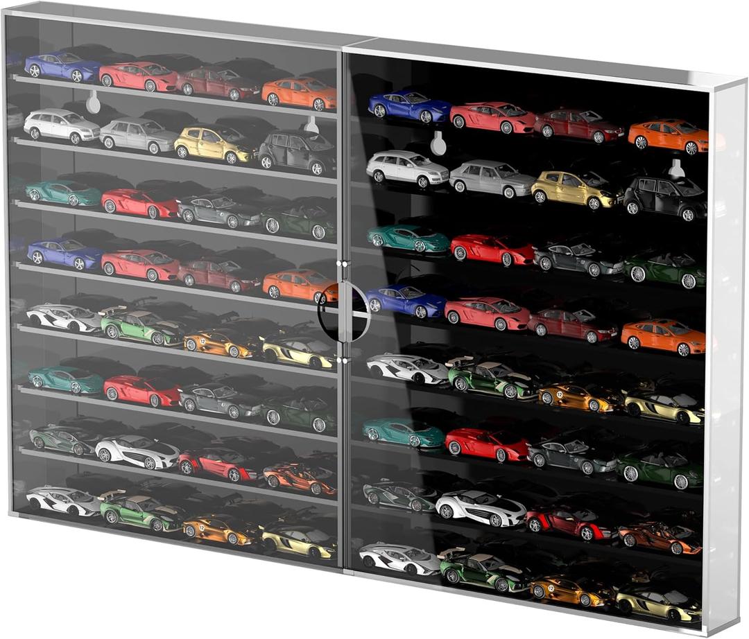 Car Display Case, 1/64 Scale Toy Cars Wheels Display Case, 2Pcs Acrylic Toy Car Storage, Model Car Collectors Showcase, Wall Mount Display & Desktop Display Shelf, Black