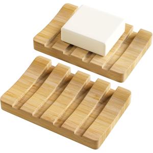 AmazerBath Bamboo Soap Holder, Bamboo Soap Dish, 2 Pack Soap Dishes for Bar Soap, Soap Tray Self Draining, Bar Soap Holder for Shower (Natural-rectangular)