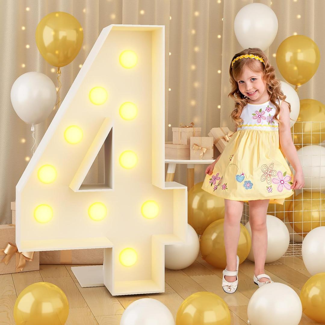 Marquee 4ft Numbers with Light up Number 4 White Mosaic Frame with Slots Letter 4 for 4th Birthday Party Decorations Pre-Cut Cardboard Large Giant Cut-Out Thick Foam Board Sign Anniversary