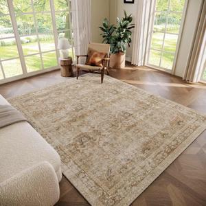 Washable 5x7 Area Rugs for Living Room, Boho Non-Slip Vintage Distress Rugs for Bedroom Dining Room Nursery Office, 0.3" Neutral Oriental Throw Thin Carpet with Cushioning Pad, Brown/White/Multi