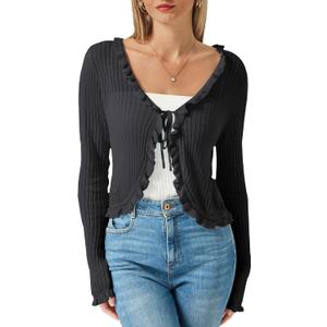 Womens Sheer Lightweight Cardigan Long Sleeve Tie Front Cropped Bolero Shrug Ruffle Trim Hollow Out Tencel Mesh Cardigan (Black, L)
