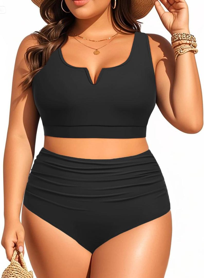 Aqua Eve Women Plus Size High Waisted Bikini - Two Piece Swimsuit Tummy Control Bathing Suit V-Wired 2025 Swimwear (14W, Black)