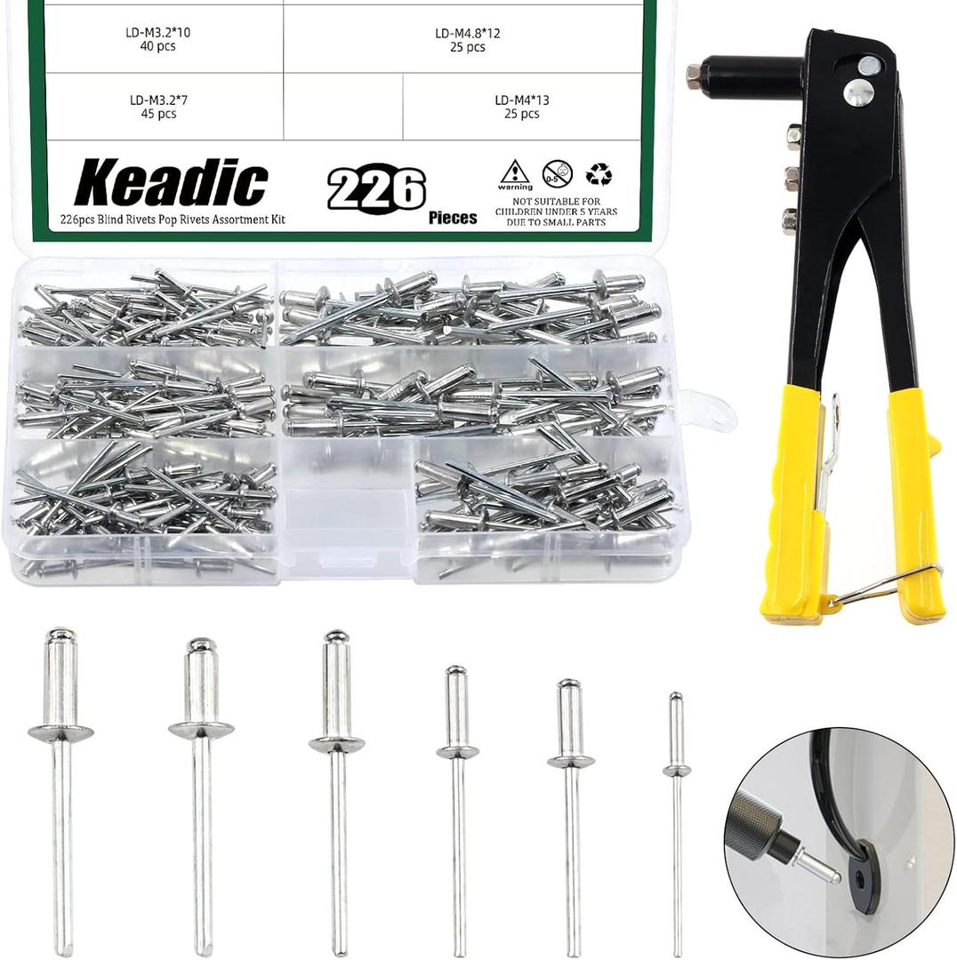 Keadic 226Pcs Heavy Duty Manual Riveter with 6 Sizes Aluminum Blind Rivets Assortment Kit, M2.4 M3.2 M4 M4.8 Silver Tone Pop Rivets and Hand Rivet Gun Tool for Furniture Automotive Metal Work