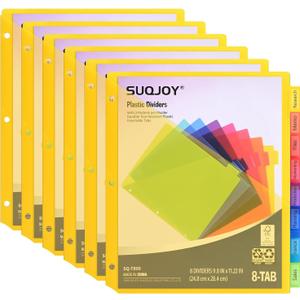 8-Tab Dividers for 3 Ring Binder, 48 Count Binder Dividers with Pockets, Subject Dividers, 3-Hole Plastics Sheets Protectors for US Letter Size in 0.5", 1",2" Binders, Vibrant 8 Color, 6 Packs