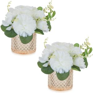 NUPTIO Small Fake Flower in Vase: 2 Pcs Silk Artificial Flowers with Champagne Pink Glass Vase for Living Room Bathroom Office - Faux Rose Mums Floral Arrangement Wedding Dining Table Centerpiece