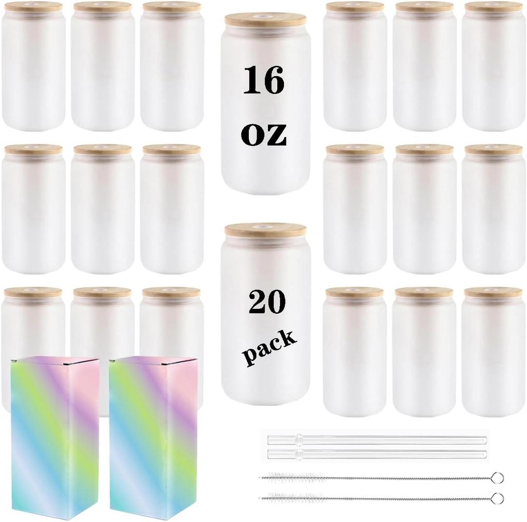 Frosted Sublimation Glass Cups With Bamboo Lid 16oz Tumblers 20Pack Blanks Glasses Beer Can and Straws