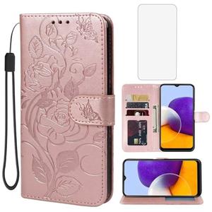 Vavies Case for Galaxy A22 5G Case, Samsung A22S 5G SM-A226B Wallet Case with Tempered Glass Screen Protector, Leather Flip Credit Card Holder Stand Phone Cover for Samsung Galaxy A22 5G Rose Gold