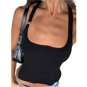 Milumia Women's Scoop Neck Backless Halter Top Sleeveless Split Hem Cami Crop Tops Going Out (Black, XL)