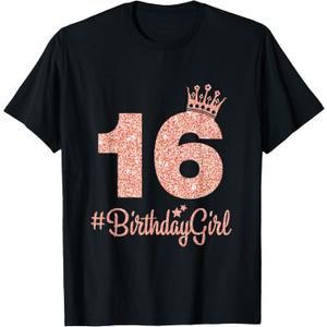 16#BirthdayGirl Sweet Sixteen 16th Pink Crown Tee for Girls T-Shirt XL