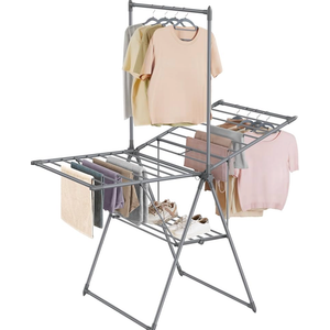 Clothes Drying Rack, Foldable 2-Level Laundry Drying Rack, Free-Standing Airer, 1 Additional Tall Hanging Bar, 2 Height-Adjustable Wings, 24 Drying Rails