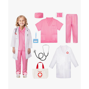 Meland Doctor Costume for Girls - Kids Scrubs with Lab Coat & Carry Bag, Doctor Dress Up for Halloween, Career Day Role Play 9-10 Years