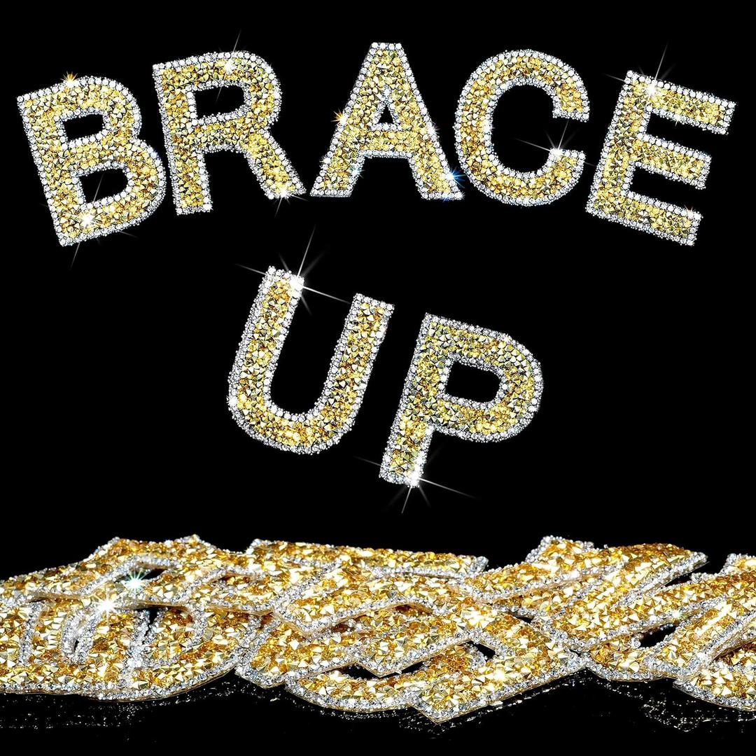 34Pcs Rhinestone Letter Stickers Bling Glitter Alphabet A-Z Letters Self-Adhesive Crystal Rhinestones Word Sticker Iron on Letters for Clothing Art Crafts DIY Decors(Gold+White,2.24")