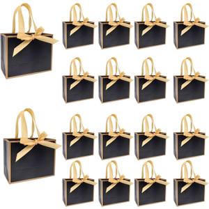 TKSBAG 50 PCS Small Black Gold Gift Bags with Bow Ribbon - 6.4x3.1x5.1 Inch Thank You Bags with Handles, Bulk for Baby Shower, Bridal Shower, Wedding, Party Favors, Thanksgiving, Christmas