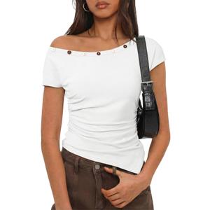 SHEWIN Women Tops Summer Short Sleeve Shirts Dressy Casual Sexy Boat Neck Tshirt Trendy Date Night Off Shoulder Blouses 2026 Going Out Clothes Size XL, White (White, XL)