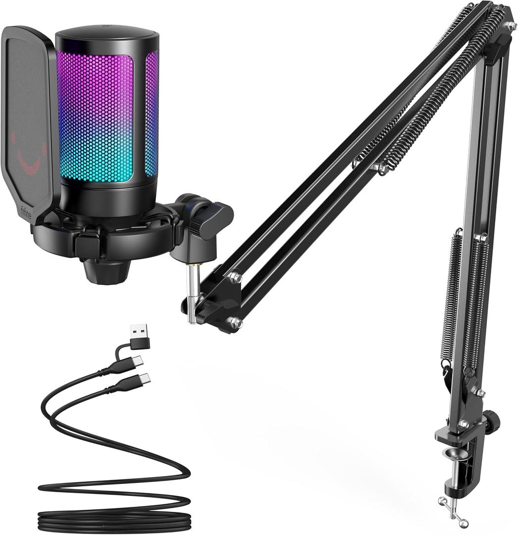 FIFINE Gaming PC USB Microphone, Podcast Condenser Mic with Boom Arm, Pop Filter, Mute Button for Streaming, Twitch, Online Chat, RGB Computer Mic for PS4/5 PC Gamer Youtuber-AmpliGame A6T (Black)