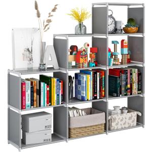 JIUYOTREE Portable Bookshelf, 9 Cube Closet Storage Organizer Bookcase,Clothes Storage for Living Room,Study Room,Bedroom, Grey
