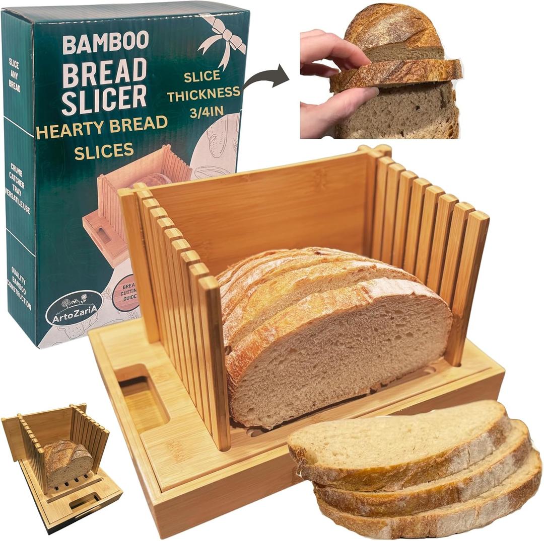 Bread Slicer for Sourdough Rounds & Homemade Bread - Round, Loaf & Baguette. Bamboo Bread Cutting Guide W/Crumb Tray - Foldable - Knife Not Included. Recommended: Serrated Knife Blade 10-12 Inches