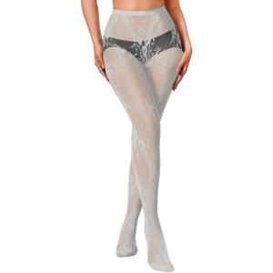 Patterned Tights With Designs,Floral Lace Stockings For Women,Goth Fishnets Costume Concert (One Size, Light Grey)