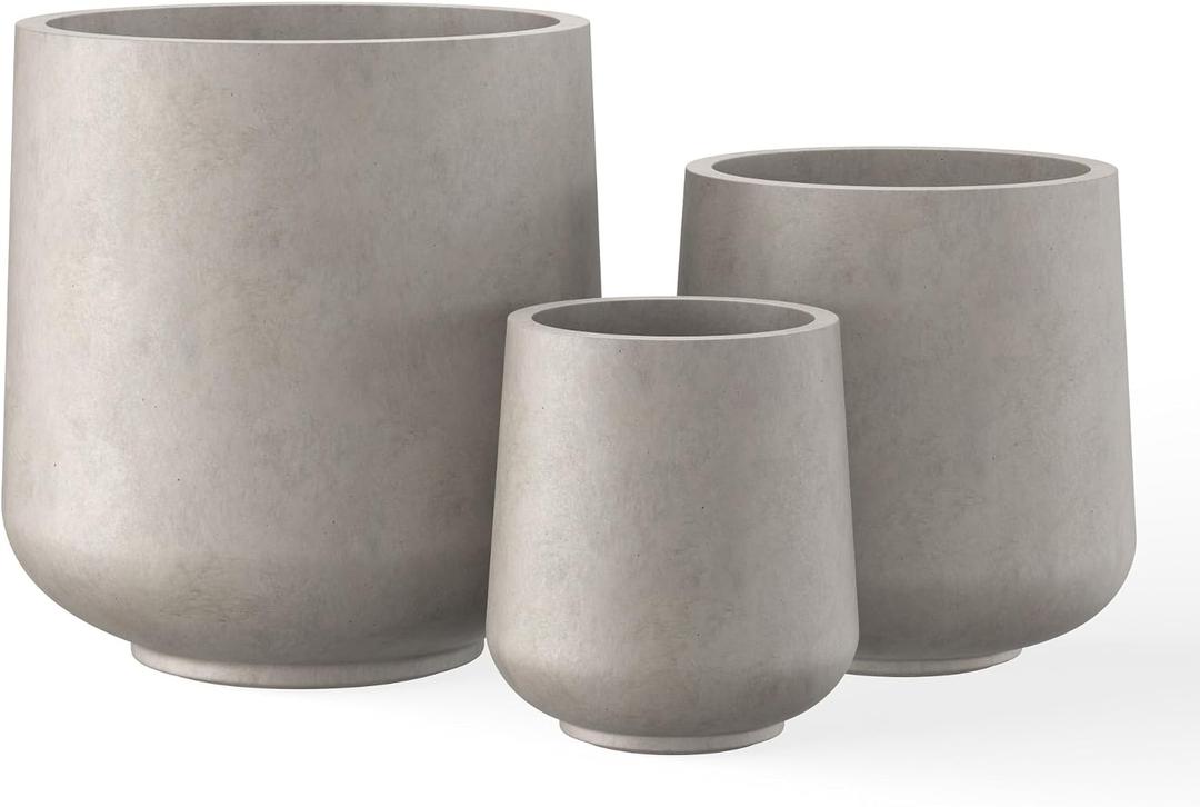 Kante 15.3"+11.6"+8.2" Dia Round Concrete Planter, Large Outdoor Indoor Planter Pots Containers with Drainage Holes and Rubber Plug for Home Garden Patio, Buff Concrete, Set of 3: 15.3" + 11.6" + 8.2" D