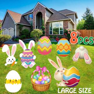 Easter Yard Signs Decorations Outdoor, 8 Pack Large Happy Easter Bunny Eggs Yard Signs with Stakes for Garden Lawn Decor Spring