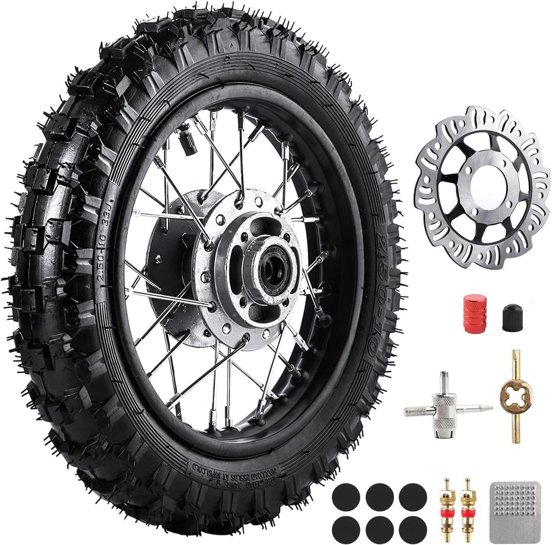 10 Inch 2.5-10 Front Wheel Tire with 1.4 x 10 Rim and Disc brake rotor With 12mm Bearing for 50cc 70cc 90cc 110cc Dirt Pit Bike CRF50 DRZ70 PW50 BBR50 TTR50 DRZ50 SSR (Front Wheel Tyre)