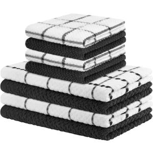 Nialnant Kitchen Towels and Dishcloths Set of 8, 100% Cotton Dish Towels for Washing Dishes, Hand Towels, 12 x 12 Inches and 15 x 25 Inches,Black