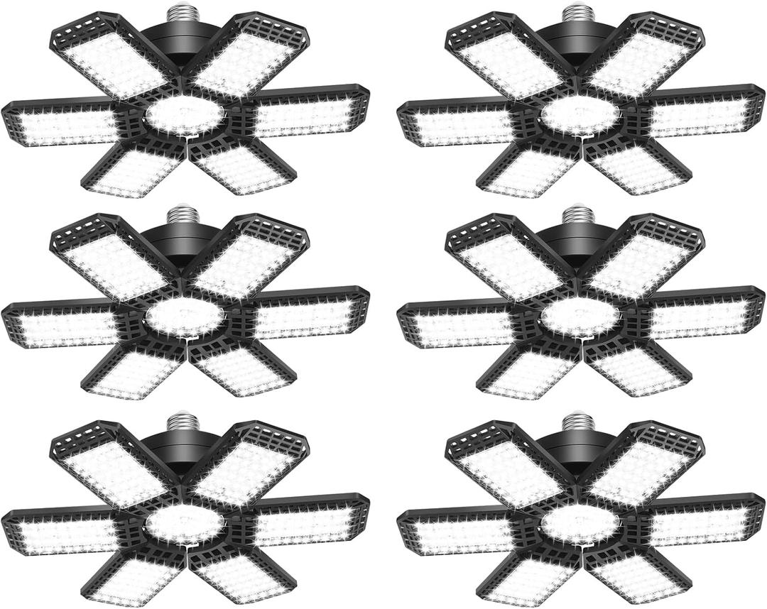 6 Pack LED Garage Light, 200W 20000LM 6500K LED Shop Lights, Garage Lights Ceiling Led with 6+1 Deformable Panels, Screw in E26/E27 Socket Bulb for Warehouse, Workshop, Basement, Barn Lighting