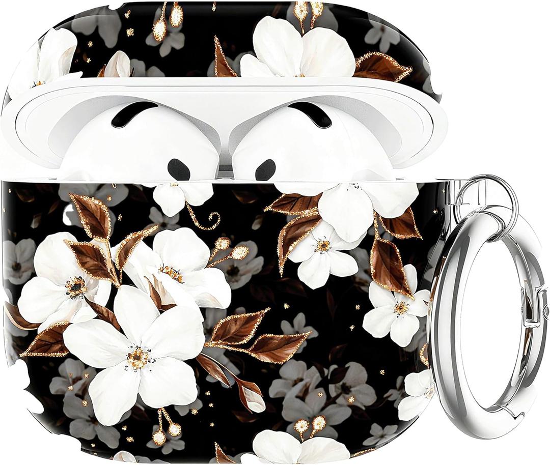 for AirPods 4 Case, Floral AirPod 4th Generation Case Cute Protective Soft AirPod 4 Cover for Women Men with Keychain Clip for AirPods 4 Cover 2024, Flower (Black + White)