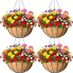 4 Pack 8 Inch Hanging Baskets for Plants Outdoor Metal Hanging Planter Basket with Coco Coir Liner Hanging Flower Baskets Hangings Flower Pots Holder for Garden, Patio(Watermelon)