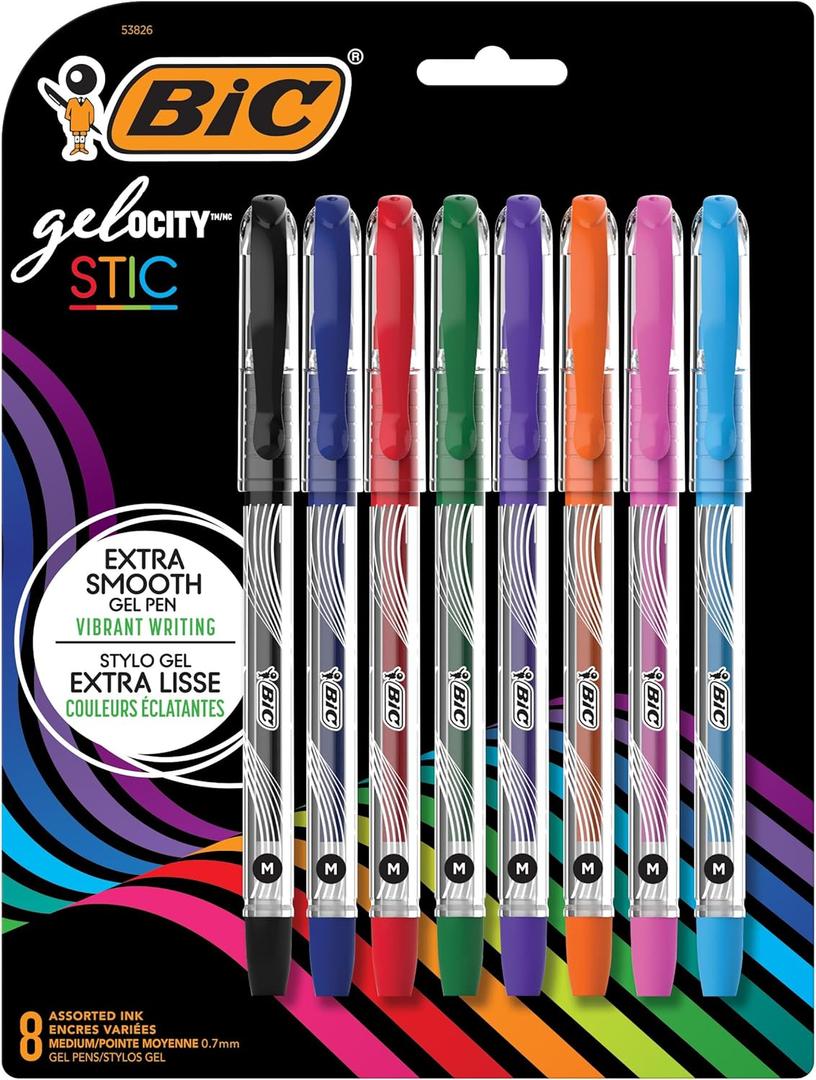 BIC Gel-ocity Smooth Stic Gel Pen, Medium Point (0.7mm), Assorted Colors, 8-Count, Vibrant and Smooth Gel Ink Pens