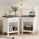 ChooChoo Farmhouse Nightstand Set of 2,Night Stand with Charging Station, Wooden Top Bedside End Table with Drawer and Storage Space for Bedroom, White