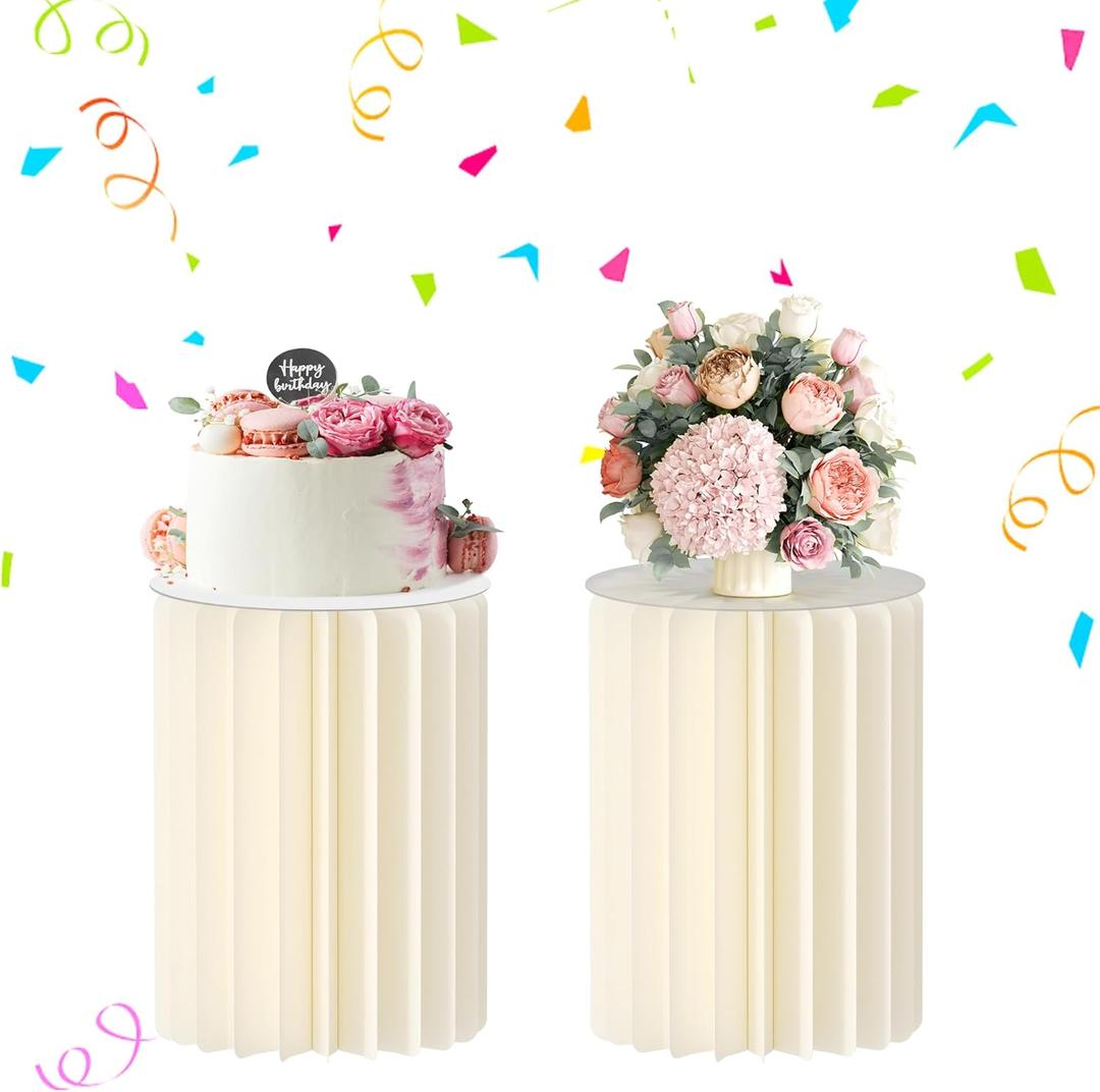 Urban Deco Cylinder Stands for Party, 2PCS 40cm Round Cake Pedestal Stands for Parties, Foldable Cardboard Columns with Acrylic Disc, Cilindros para Fiestas for Birthday Wedding Decoration, White