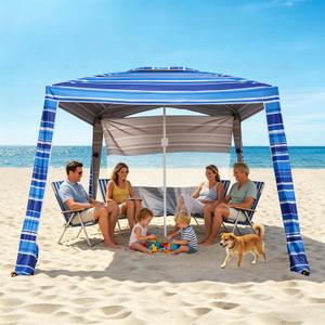 8'x8' Beach Cabana, UPF 50+ Large Beach Canopy with Side Wall, Easy Setup Pop Up Sun Shelter, Adjustable Height & Wind Resistant Beach Tent for 4-6 Person Family, Navy Blue