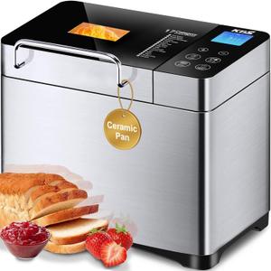 KBS Pro Stainless Steel Bread Machine, 2LB 17-in-1 Programmable XL Bread Maker with Fruit Nut Dispenser, Nonstick Ceramic Pan& Digital Touch Panel, 3 Loaf Sizes 3 Crust Colors, Reserve& Keep Warm Set