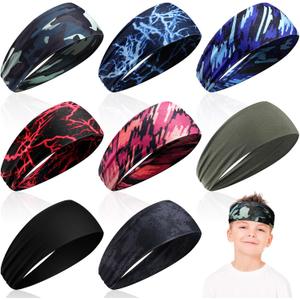 Zhanmai 8 Pieces Boys Headbands Athletic Sweatbands Kids Sports Wicking Breathable Headbands Elastic Girls Boys for Football Basketball Running Exercise