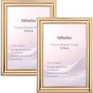 YiPinYin Classy Gold Plated 5x7'' Picture Frame 2 Pack,Classic Metal Beaded Design,Real Glass Front and Soft Velvet Backing,with Tabletop and Wall Hanging,Home Decor