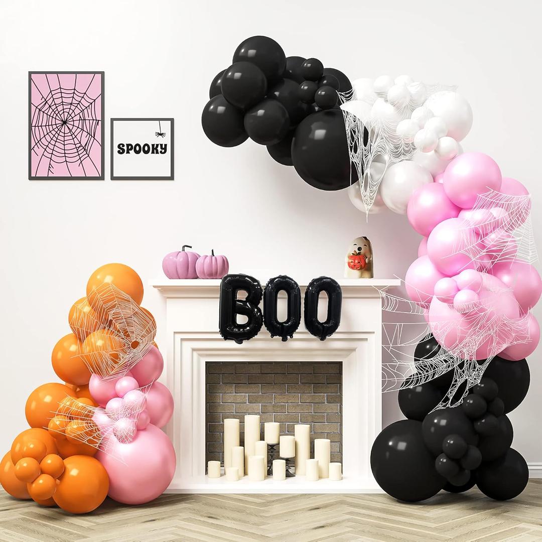 HOUSE OF PARTY Halloween Balloon Arch Kit 80 Pcs - 5/10/12/18 Inch Balloons Garland with 16" BOO Foil Balloon & Stretchy Spider Web For Halloween Party & Kids Birthday Decorations
