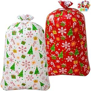 JOYIN 2 PCS Large Red & White Christmas Holiday Plastic Gift Bags 56"x36" with Gift Tags for Heavy Duty Jumbo Gifts Bags, Holiday Presents, Christmas Season Gift Decorations, present Giving.
