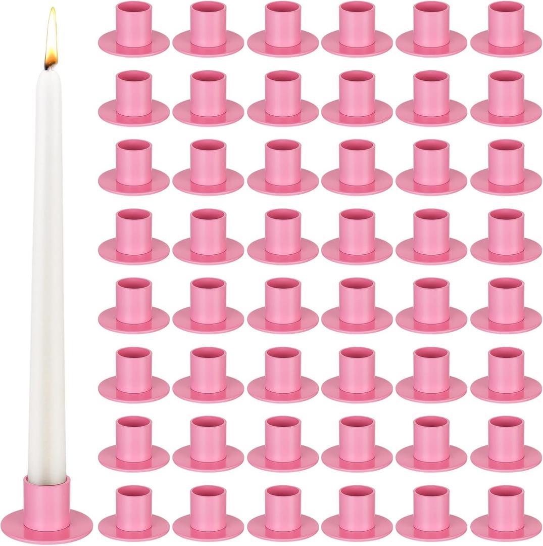 48 Pcs Taper Candle Holders Bulk for Wedding Pillar Candles Metal Taper Candlesticks Holders Centerpieces Short Candle Stick Dinner Decor for Party Anniversary Dinning Table Gift (48, Pink)