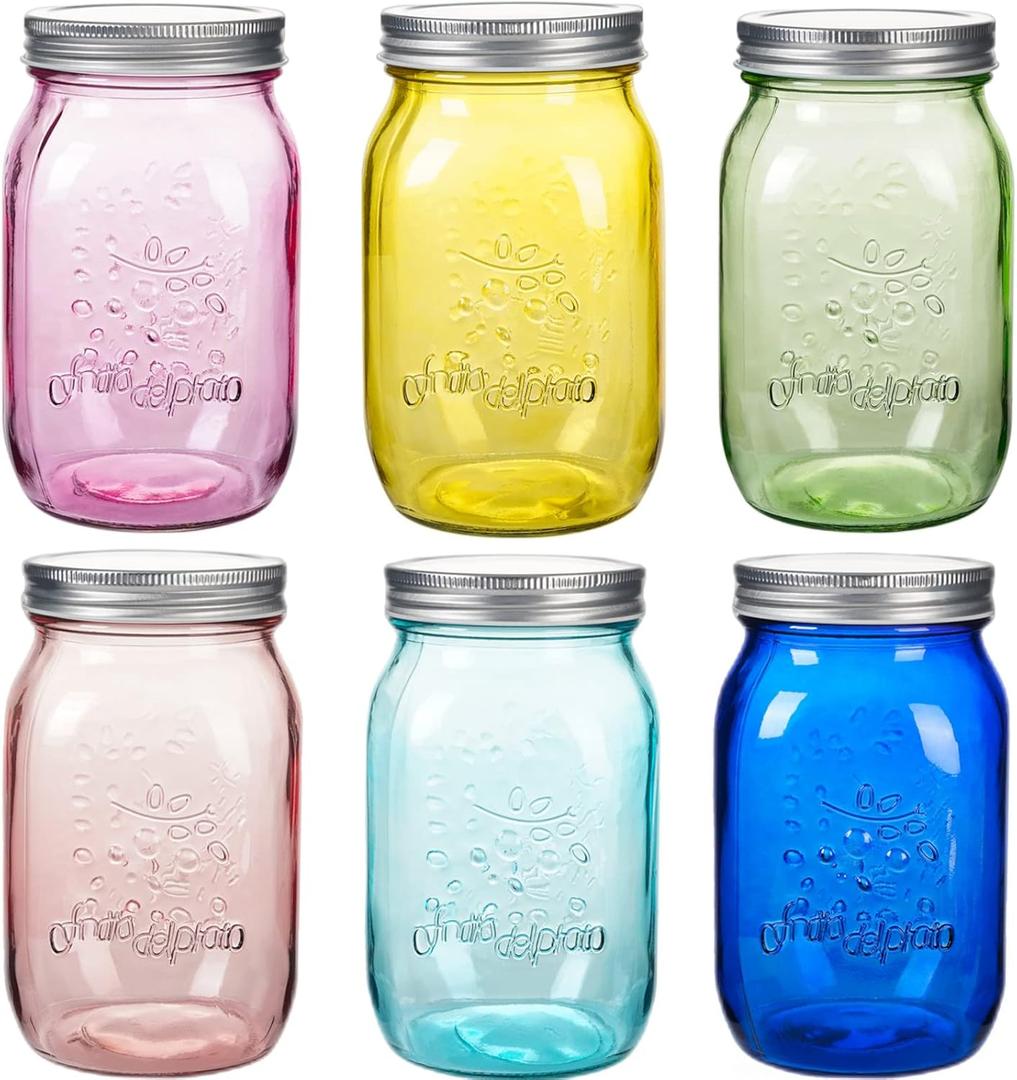 Amzcku 32 OZ Colored Mason Jars with Lids, 6 Pack Wide Mouth Quart Canning Jar, Safe for Storage, Pickling, Preserving, Fermenting, DIY Crafts & Decor