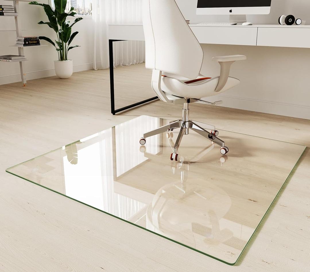 Koonmi Tempered Glass Chair Mat 46"x46" - Premium Office Chair Mat for Hardwood Floors & Low-Pile Carpet with 4 Non-Slip Pads - Thick Scratch-Resistant Surface (Clear)