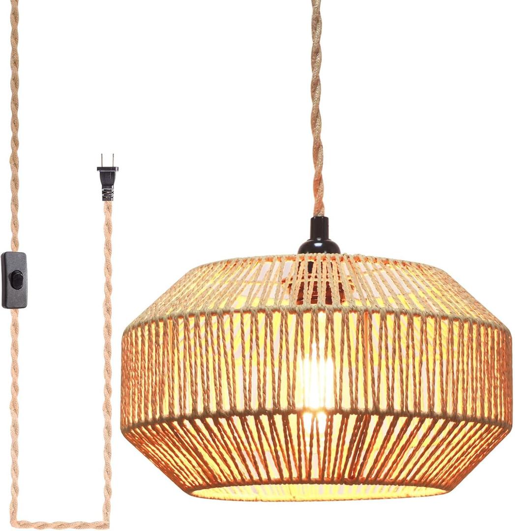 Hanging Lamp Plug in Pendant Light Rattan Hanging Lights with Plug in Cord Hanging lamp Hanging Lights with Plug in Cord Hanging lamp for Living Room (Pumpkin)