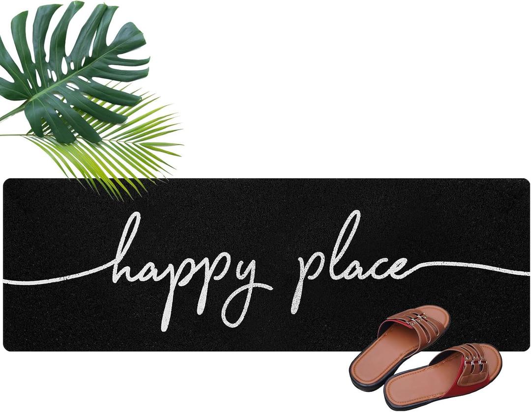 Long Doormat 48''x16'' Front Door Mat for Entrance Inside Outdoor Large Decorative Door Rug Welcome Mat for Outside Home Entry(Happy Place,Black)