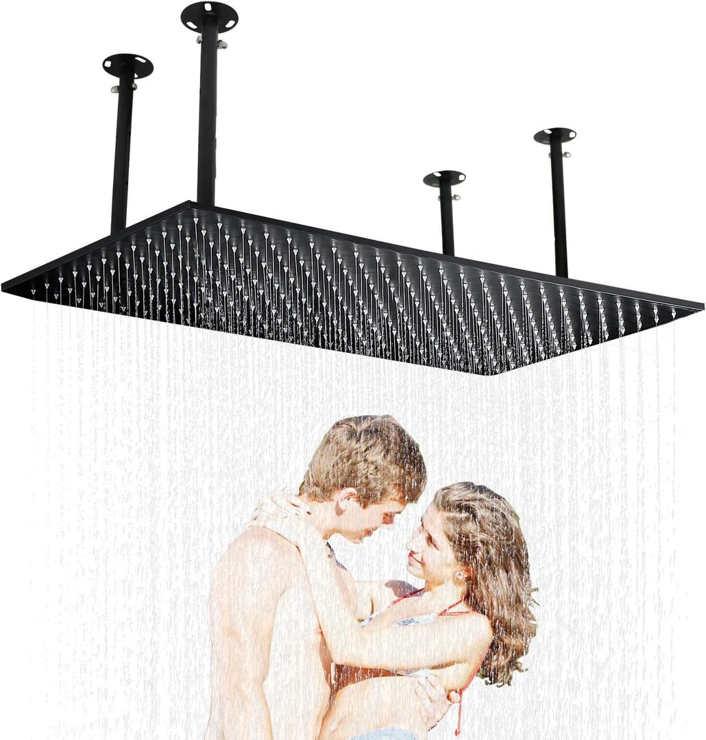 HOMEDEC Luxury Large Ceiling Rectangle Rainfall Shower Head, 16x32inch High Pressure Rain Showerhead with Silicone Nozzles Full Body Fixed Showerheads For Modern Bathroom, Black Finish