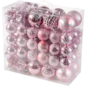 116Pcs Pink Christmas Ball Ornaments Set, Shatterproof Christmas Hanging Decoration Set with Gift Box, Assorted Decorative Baubles Set for Xmas Tree/Home/Wedding/Party/Holiday (Pink)