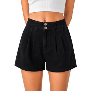 Women's Denim Shorts Elastic Waistband Wide Leg High Waisted Summer Baggy Jean Mom Shorts (Black)